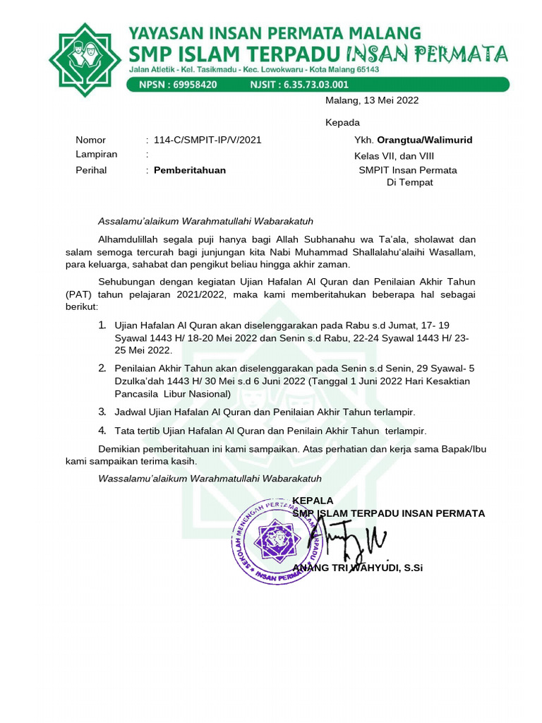 Jadwal Ujian Hafalan dan PAT 2022 | PDF