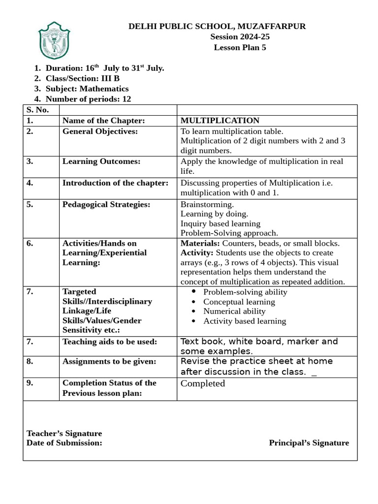 Class III B Math Lesson Plan on Multiplication | PDF