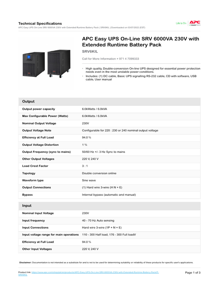 APC Easy UPS SRV 6000VA Specs | PDF | Mains Electricity | Power (Physics)