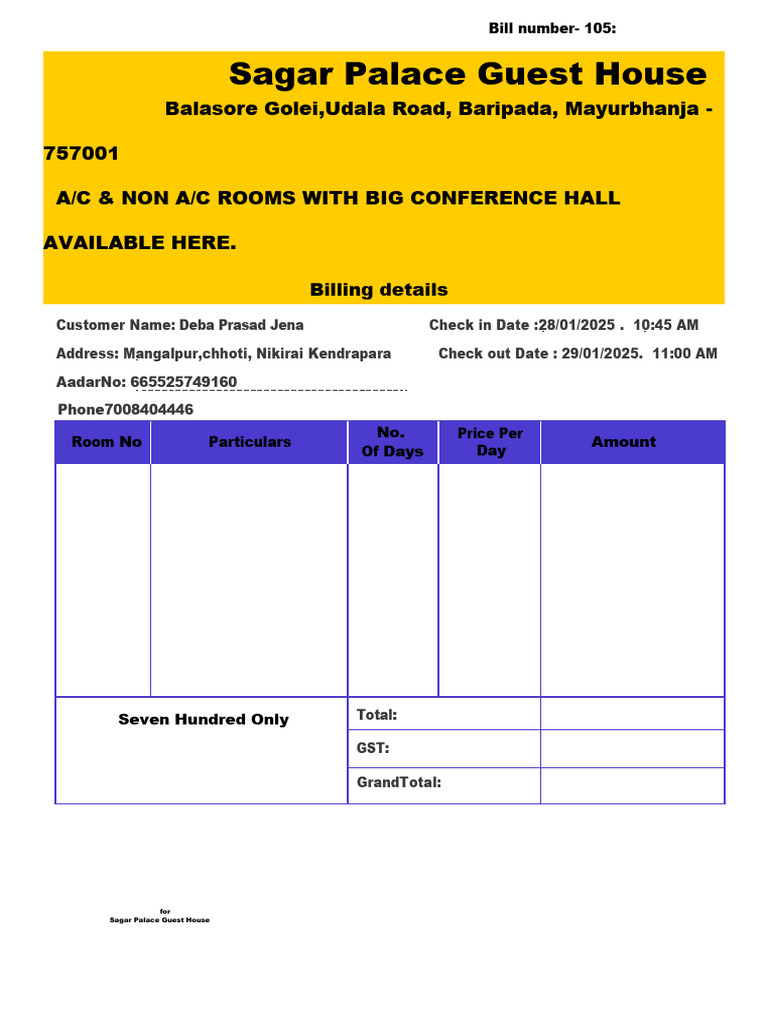 Sagar Palace Guest House Invoice | PDF