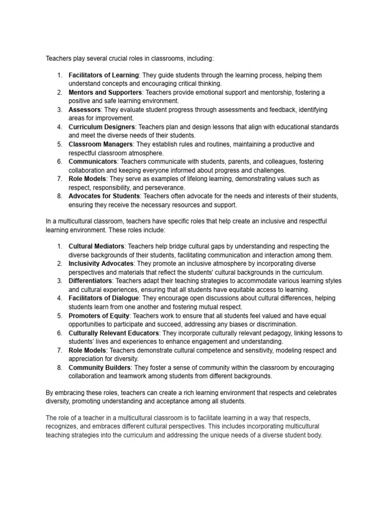 Teacher Roles in Multicultural Classrooms | PDF | Teachers | Mentorship