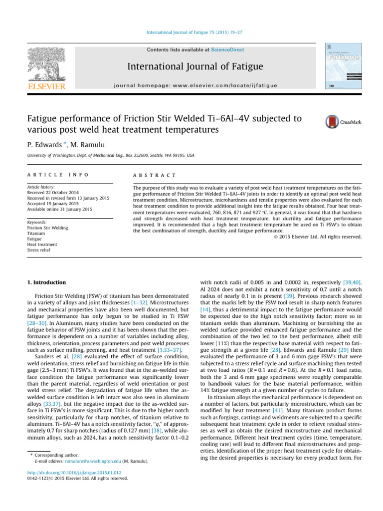 Fatigue of Friction Stir Welded Ti-6Al-4V | PDF | Heat Treating ...