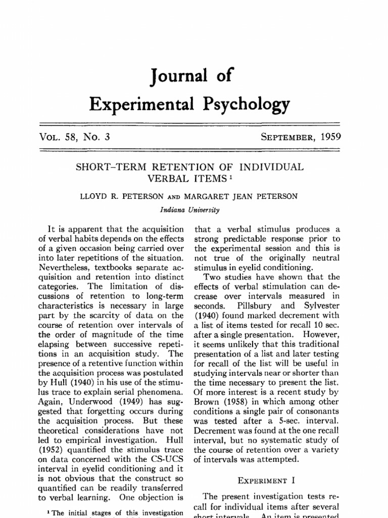 Peterson and Peterson 1959 Recall (Memory) Statistical Hypothesis