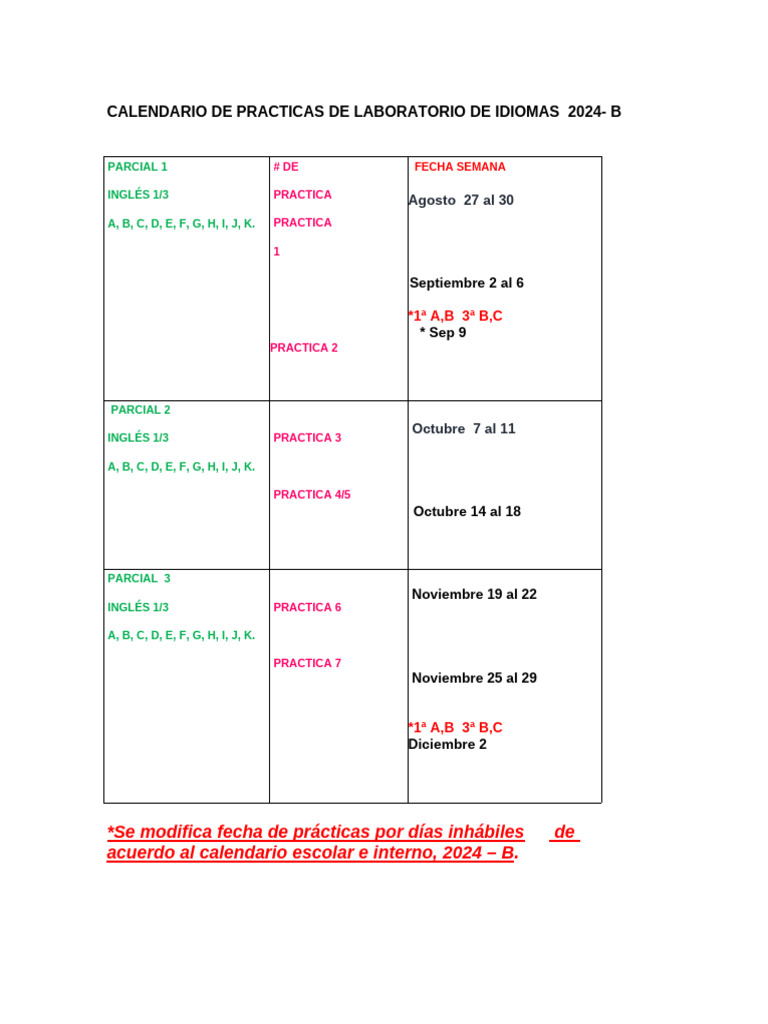 Calendario de Practicas de Laboratorio de Idiomas 2024 | PDF