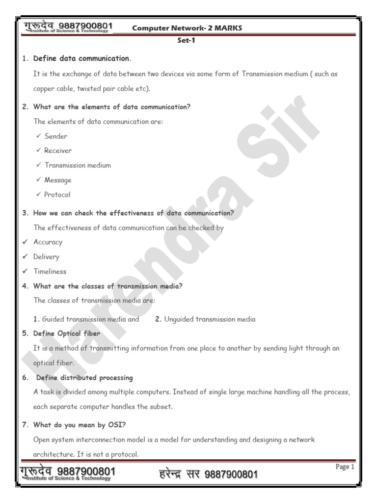 Computer Network 2 Marks Q&A Guide | PDF | Computer Network | Osi Model