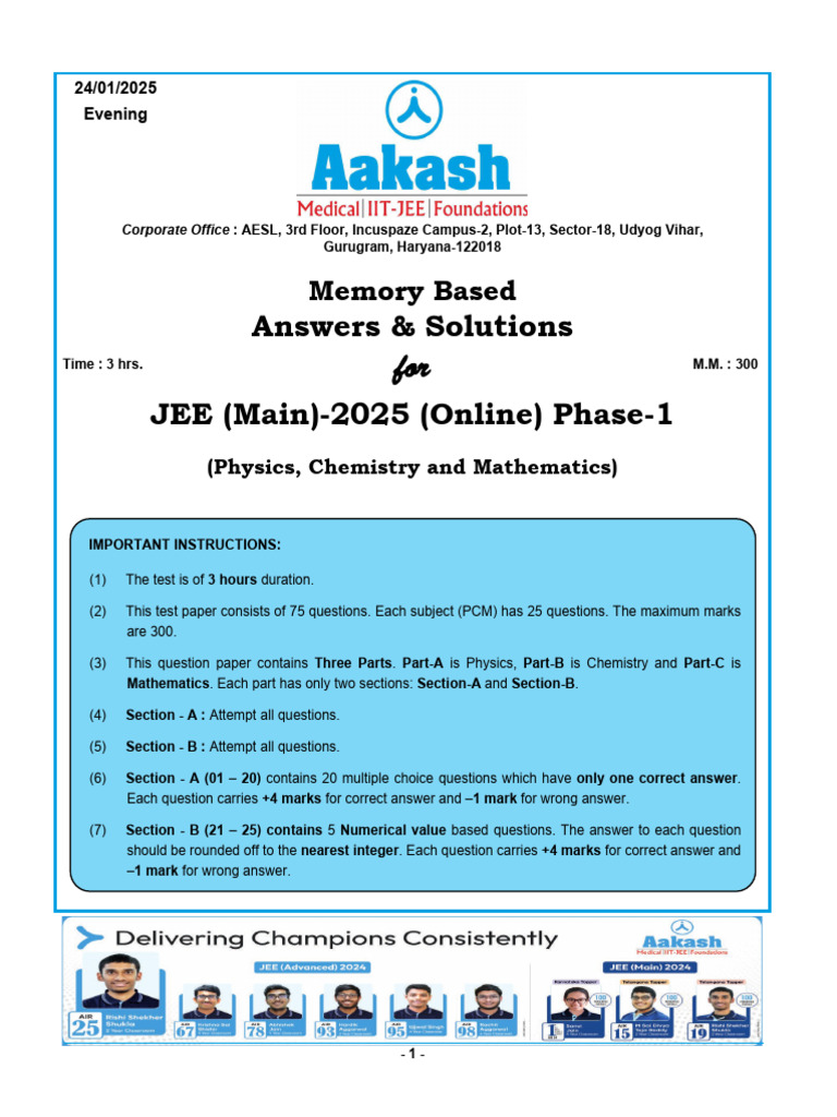 JEE Main 2025 Phase-1 Test Paper | PDF | Sun | Physics
