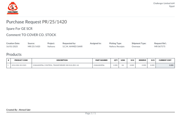 GE SCR Spare Parts Purchase Request | PDF