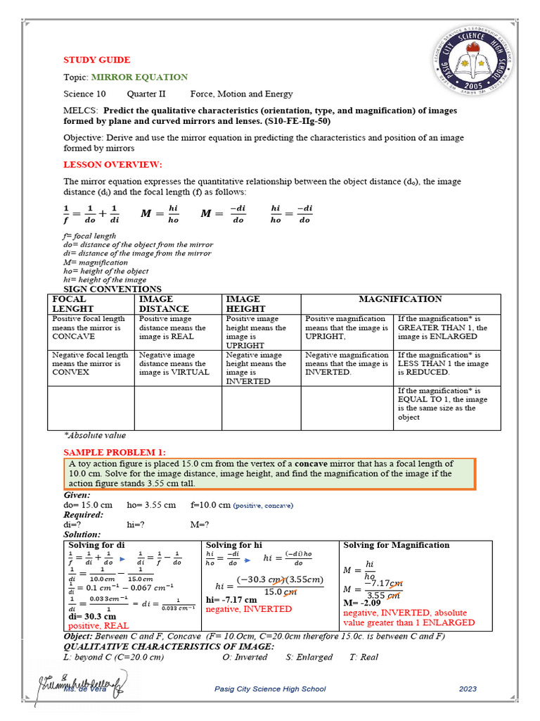 STUDY GUIDE MIRROR EQUATION 2024 For Rpms | PDF | Optics | Light