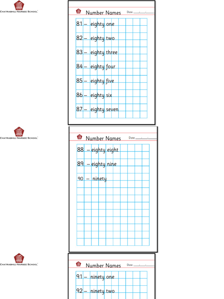 Math HW Reference Pages - Number Names - 81 To 90 and 91 To 100 | PDF