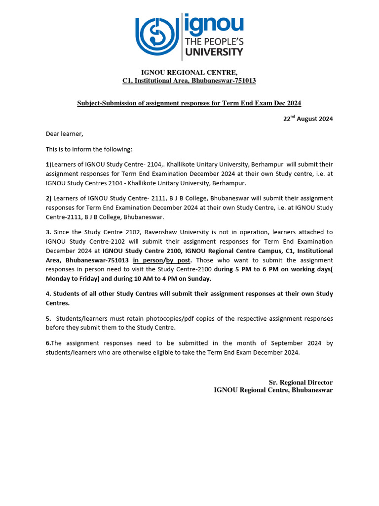 IGNOU Assignment Submission Guidelines 2024 | PDF