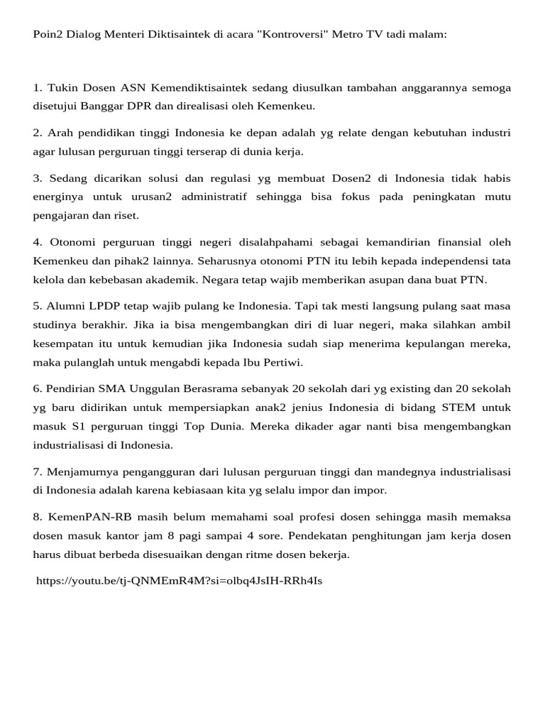 Poin Penting Dialog Menteri Diktisaintek | PDF