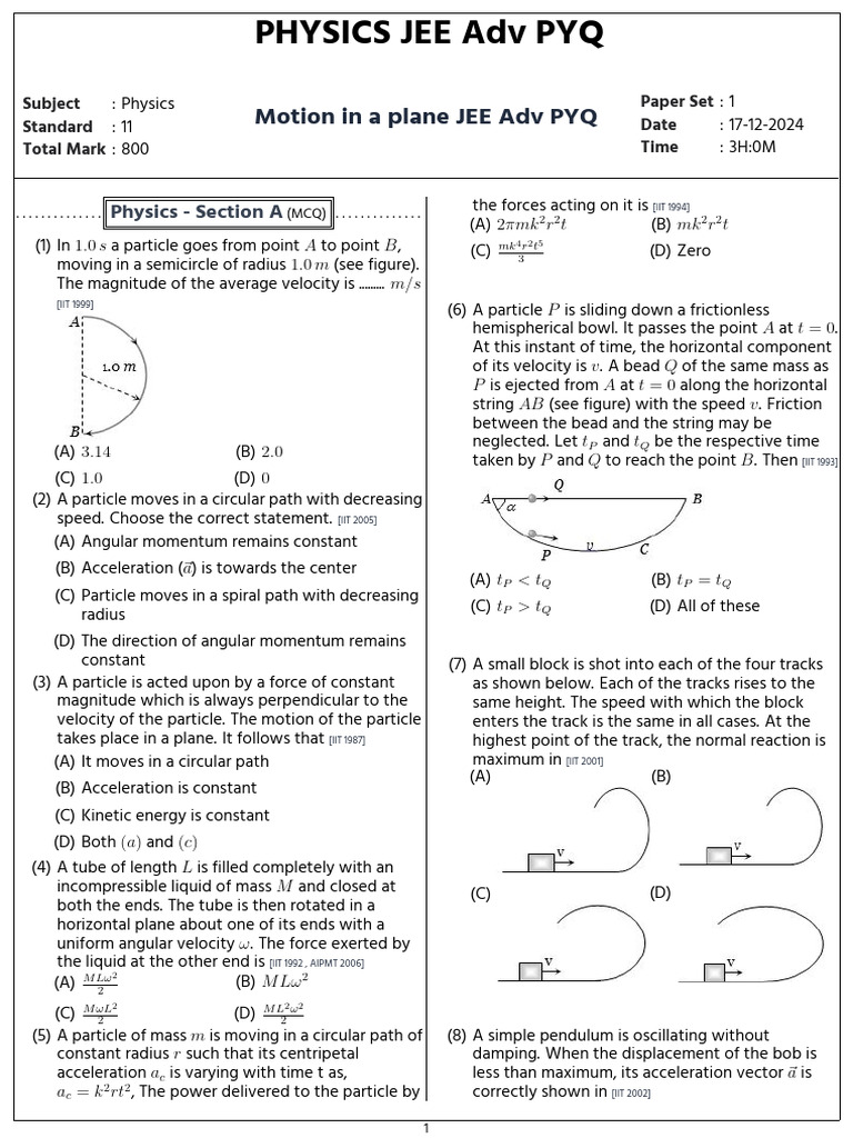 JEE Advanced PYQ: Motion in a Plane | PDF | Acceleration | Force
