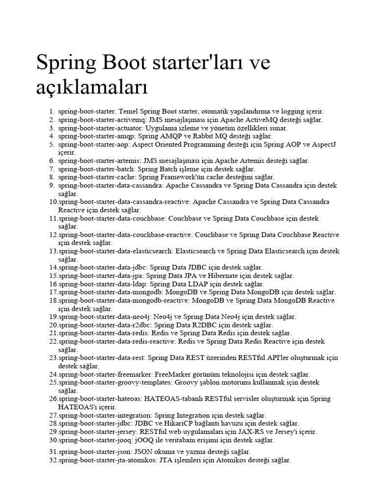 Spring Boot Starter'ı Ve Açıklamaları | PDF