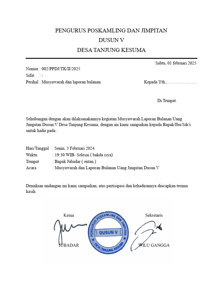 Undangan Musyawarah Bulanan Jimpitan | PDF