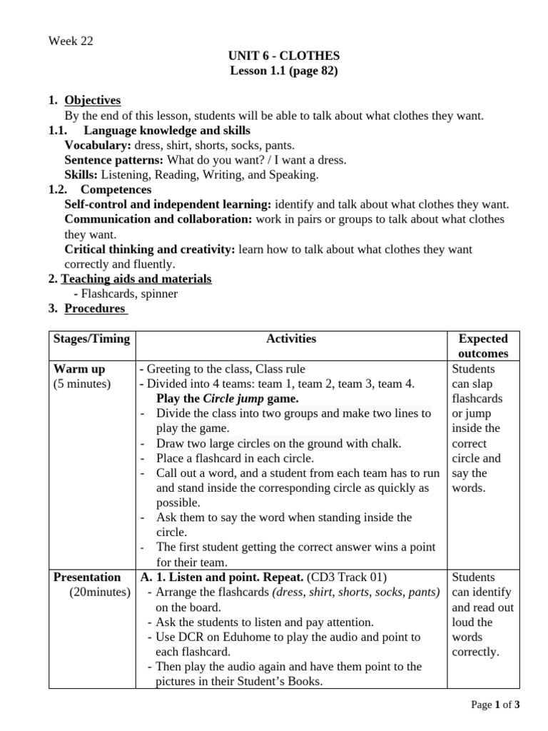 Week 22 - iSS - Unit 6 Clothes - Lesson 1.1 - Grade 3 | PDF ...