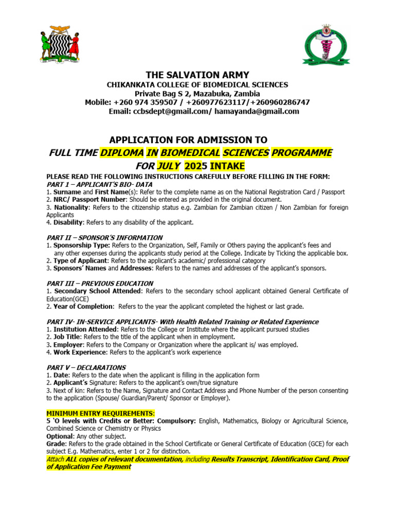 Chikankata College of Biomedical Sciences July 2025 Application Form | PDF