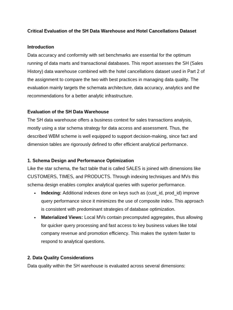 Critical Evaluation of The SH Data Warehouse and Hotel Cancellations ...