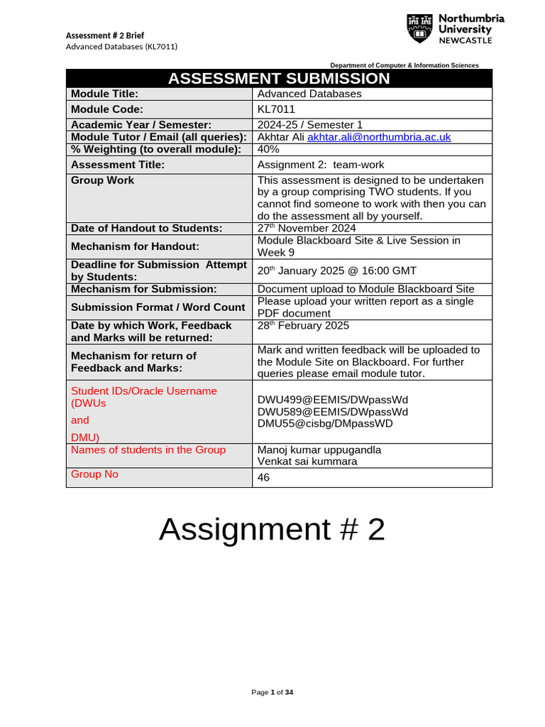 Advanced Databases Group Assessment 2 | PDF | Database Index | Databases