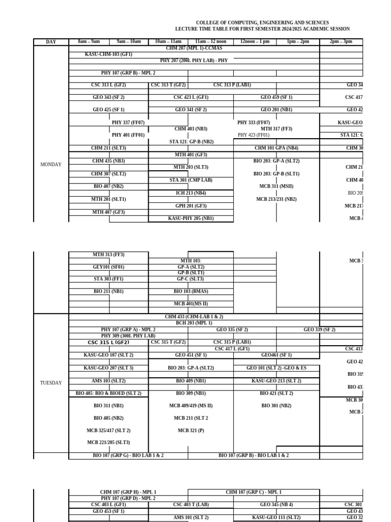 College of Computing, Engineering and Science Lecture Timetable 2024 ...