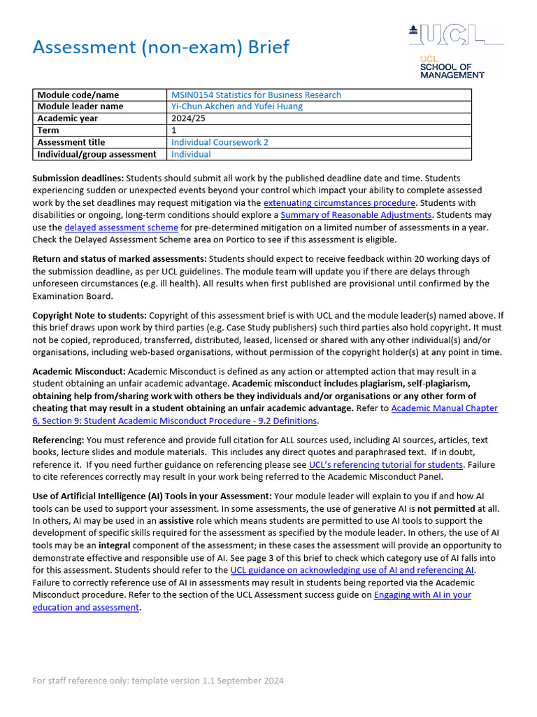 MSIN0154 Individual Coursework 2 - 2024-25 | PDF | Statistics ...