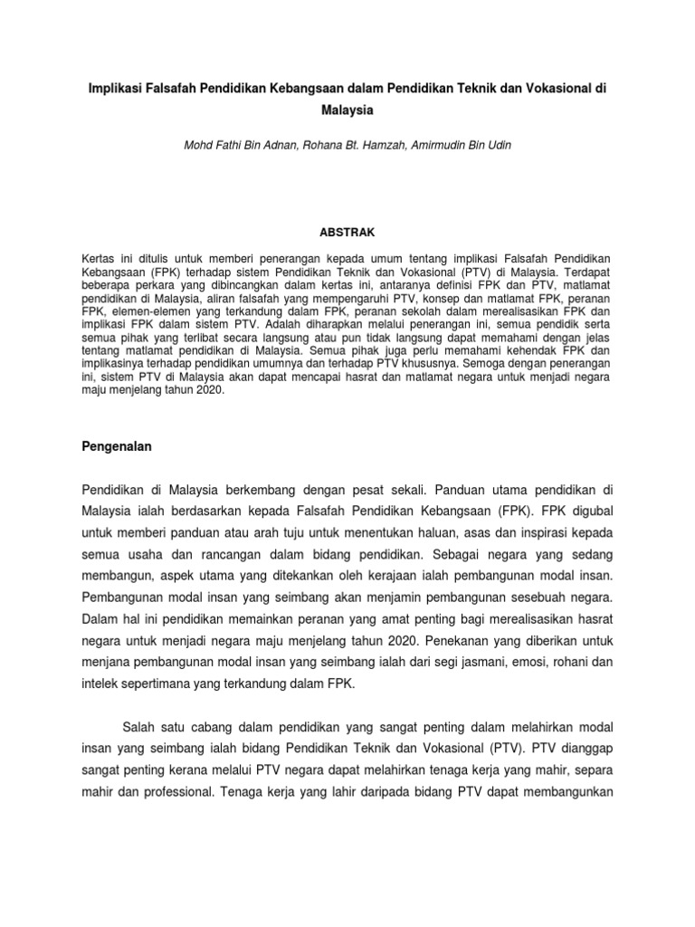 Implikasi Falsafah Pendidikan Kebangsaan Dalam Pendidikan Teknik Dan Vokasional Di Malaysia Eprint2 Pdf