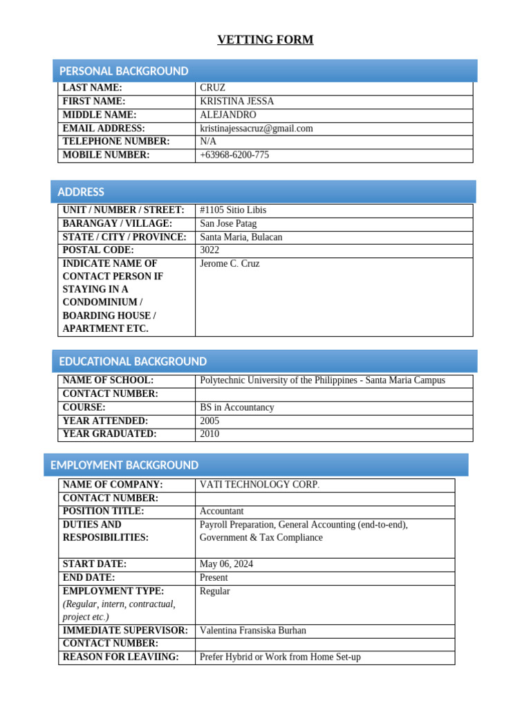 Employment Vetting Form for Kristina Cruz | PDF | Business