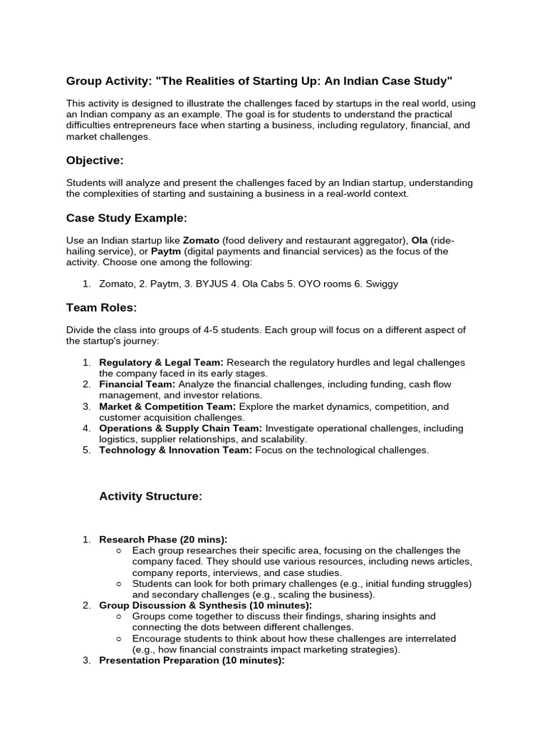 Group Activity The Realities of Starting Up An Indian Case Study | PDF ...
