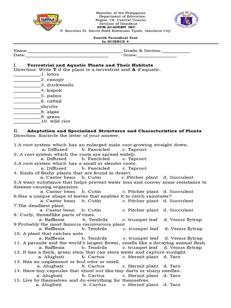 Science 4 Fourth Periodical Test | PDF | Plants | Succulent Plant