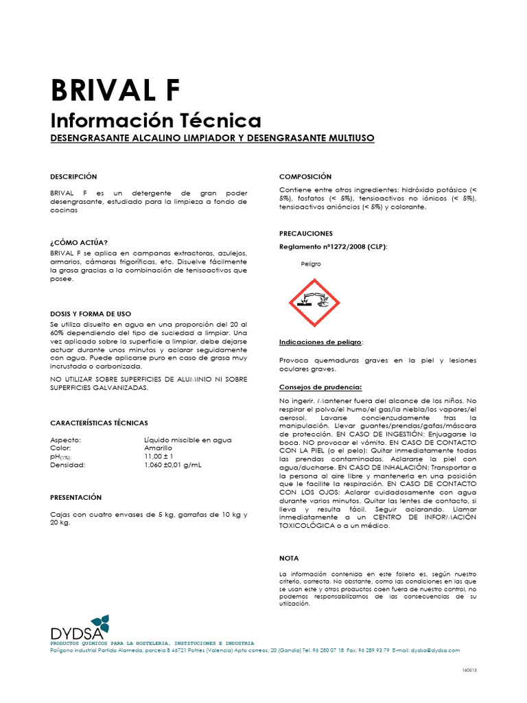 Desengrasante Alcalino BRIVAL F | PDF | Sustancias químicas | Productos ...