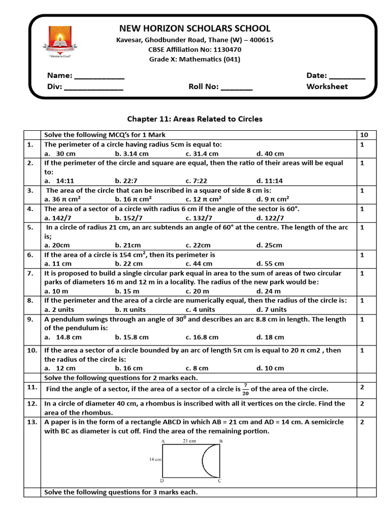 Grade 10 Circle Area Worksheet | PDF | Area | Circle