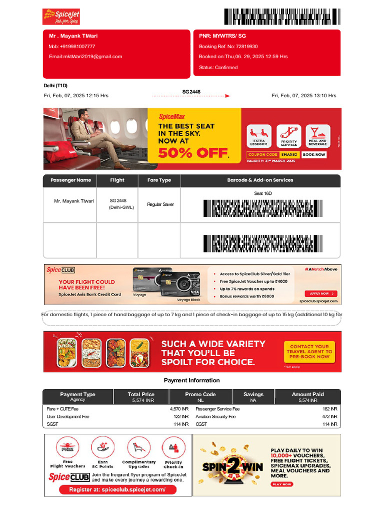SpiceJet - E-Ticket - PNR - MYWTRS 29 Jan 2025 Delhi-Khajuraho For MR ...