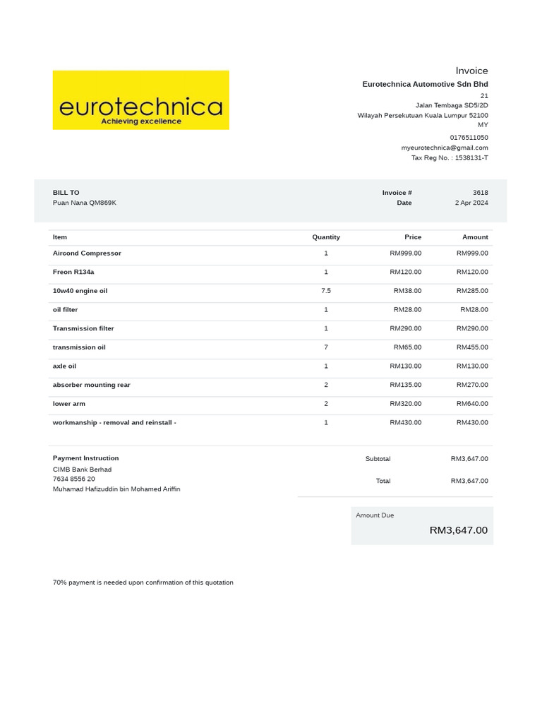 Automotive Invoice for Repairs and Parts | PDF