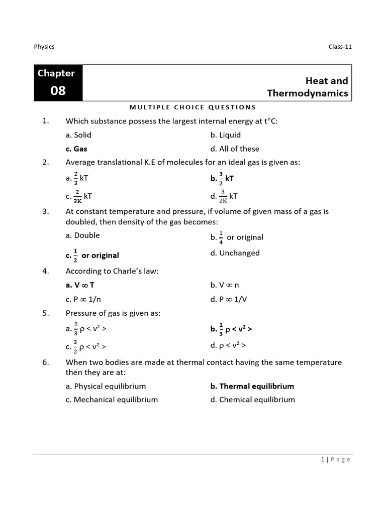 Class 11 Thermodynamics MCQs Guide | PDF | Gases | Temperature