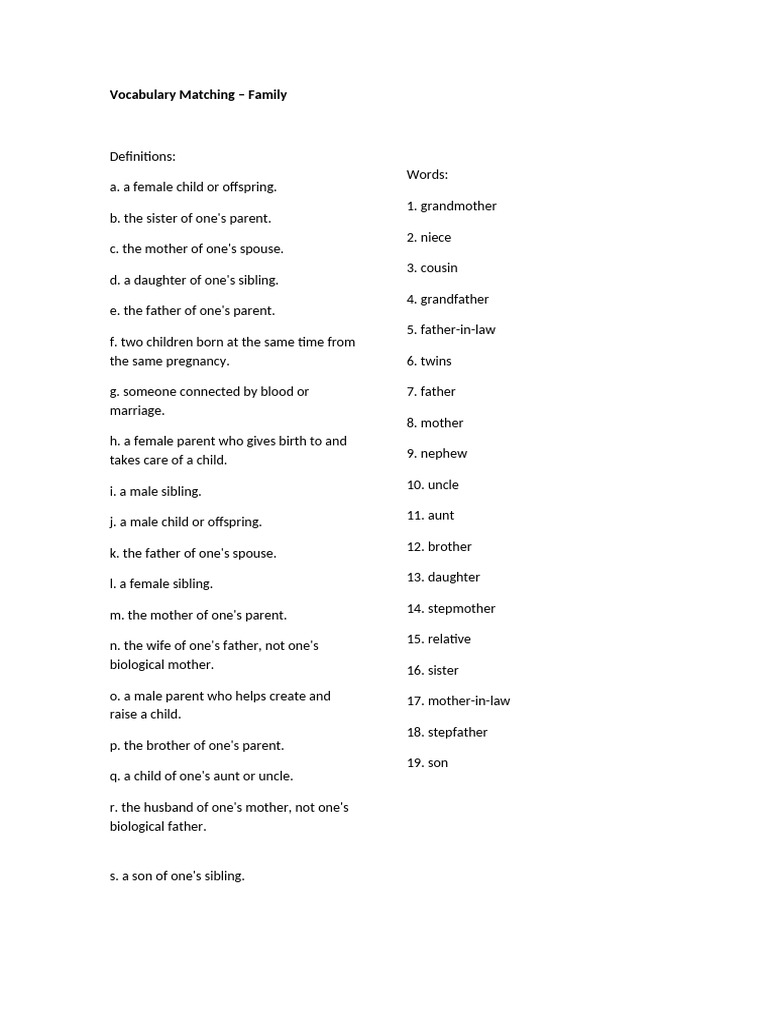 Family Vocabulary Matching Guide | PDF