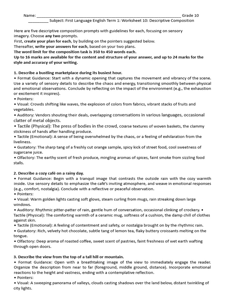 Grade 10 Descriptive Composition Prompts | PDF | Senses | Odor