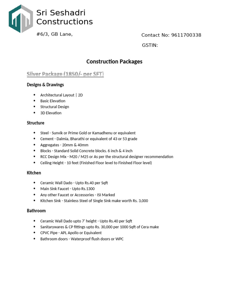 Comprehensive Construction Packages in Bengaluru | PDF | Sink | Flooring