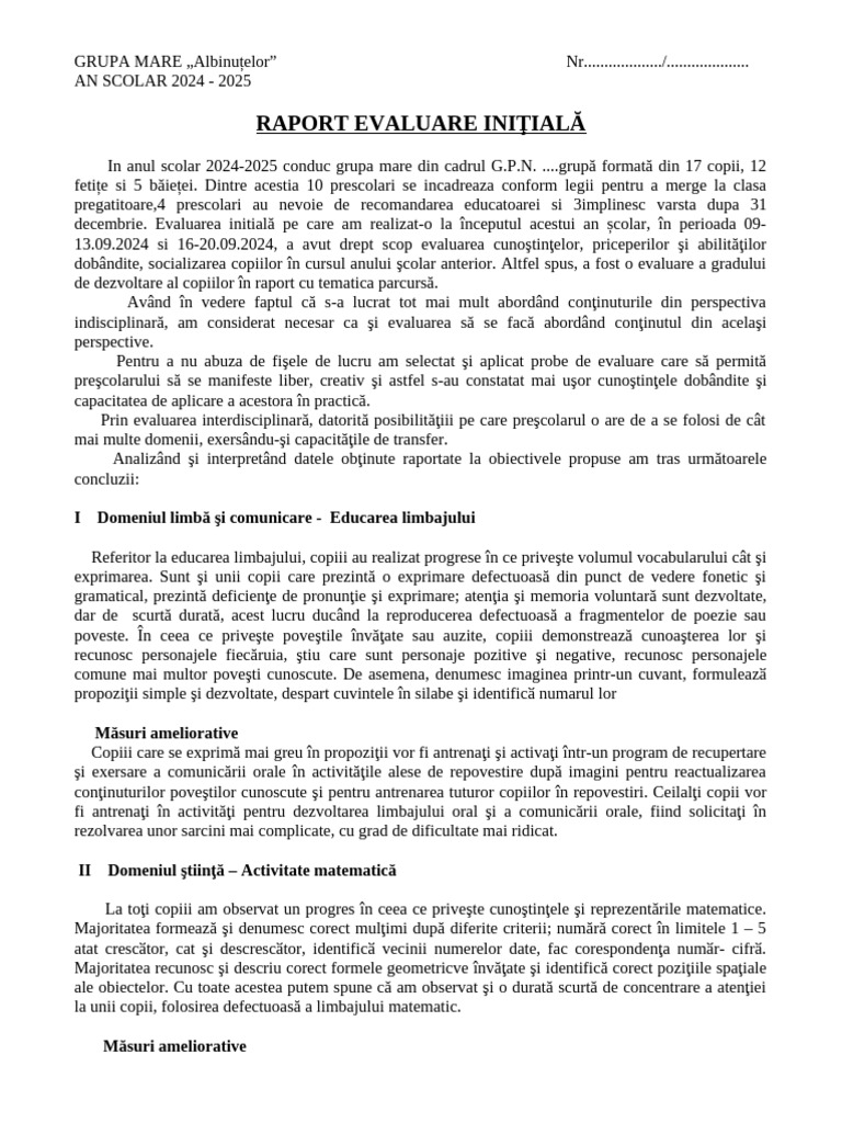 Raport Evaluare Initiala | PDF