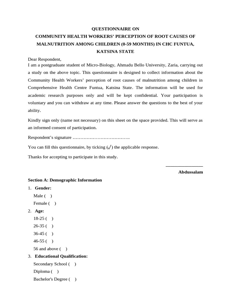 Abdussalam's Questionnaire | PDF | Malnutrition | Social Policy