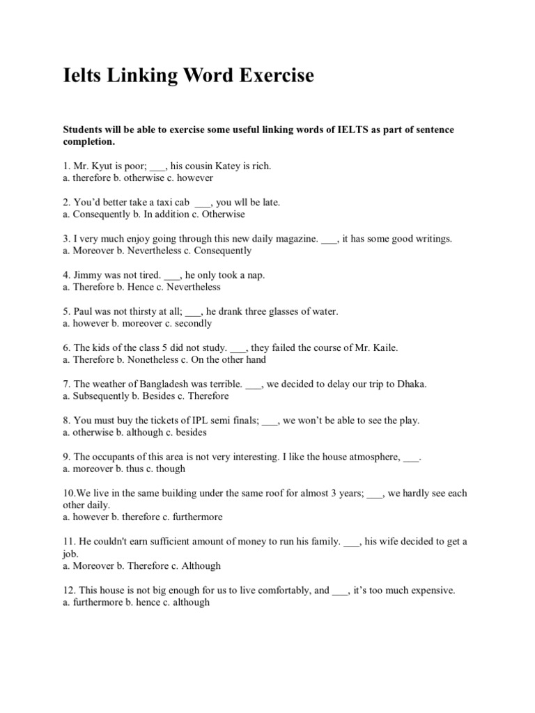 Ielts Linking Word Exercise PDF