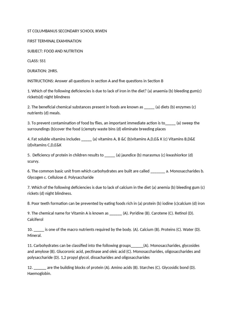 SS1 Food and Nutrition Exam Paper | PDF | Foods | Nutrition