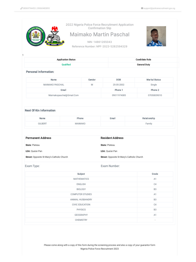 Nigeria Police Recruitment Confirmation Slip | PDF