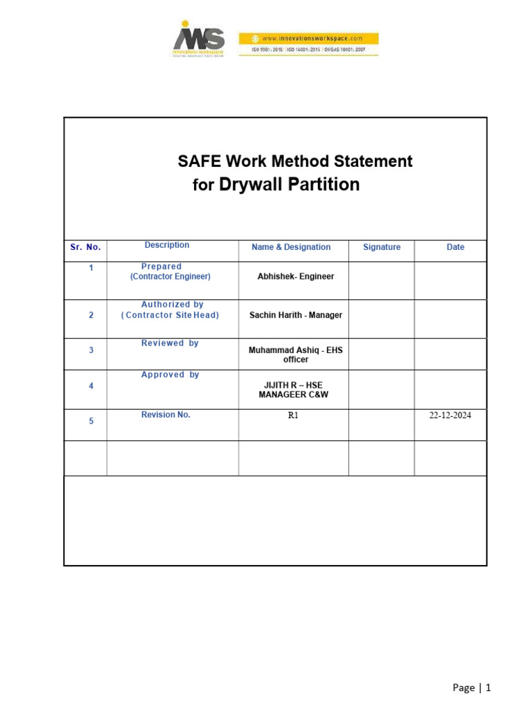 SWMS for Dry Wall | PDF | Welding | Construction