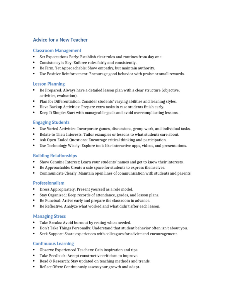 Advice For A New Teacher | PDF | Behavior Modification | Learning