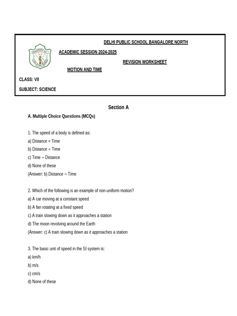 Class VII Science Motion Revision Worksheet | PDF | Speed | Pendulum
