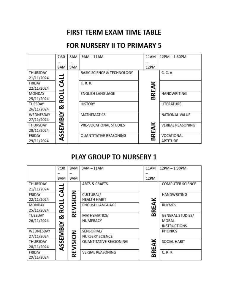 First Term Exam Timetable 2024 | PDF