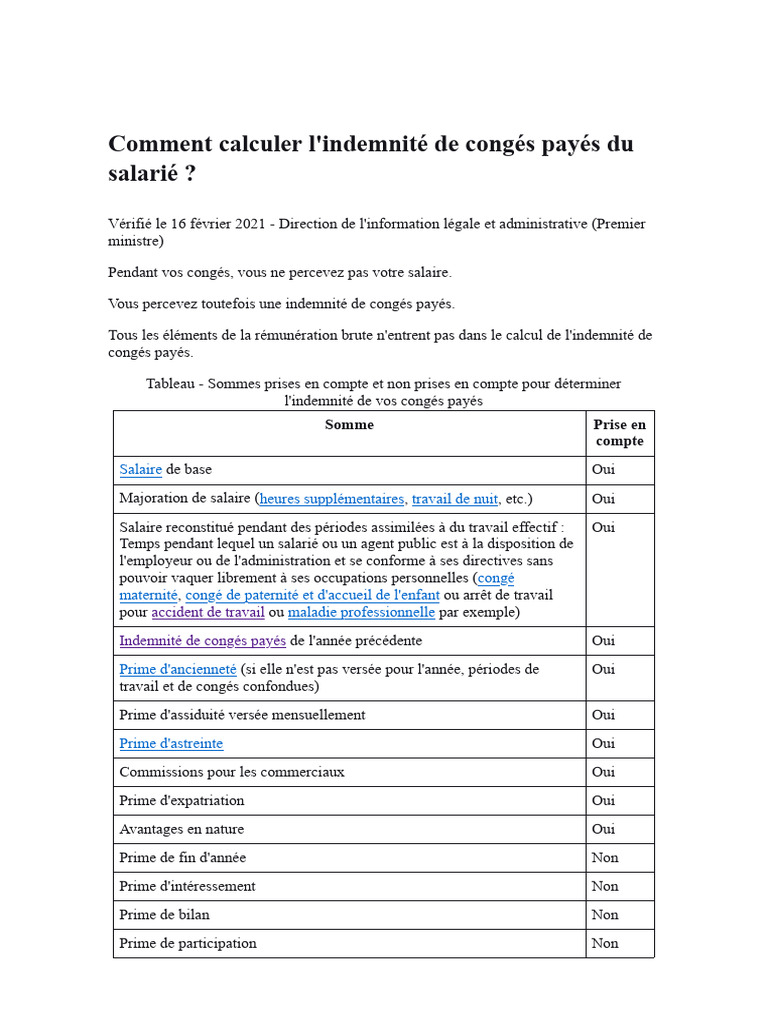 Calcul De L indemnit De Cong s Pay s PDF Salaires Travail