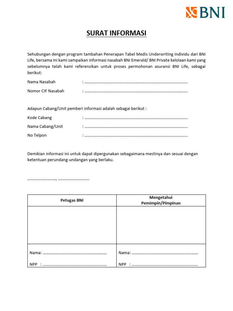 Informasi Nasabah Asuransi BNI Life | PDF