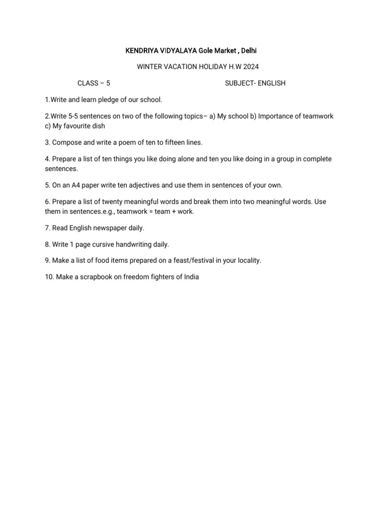 Class 5 Winter Holiday Homework 2024 | PDF