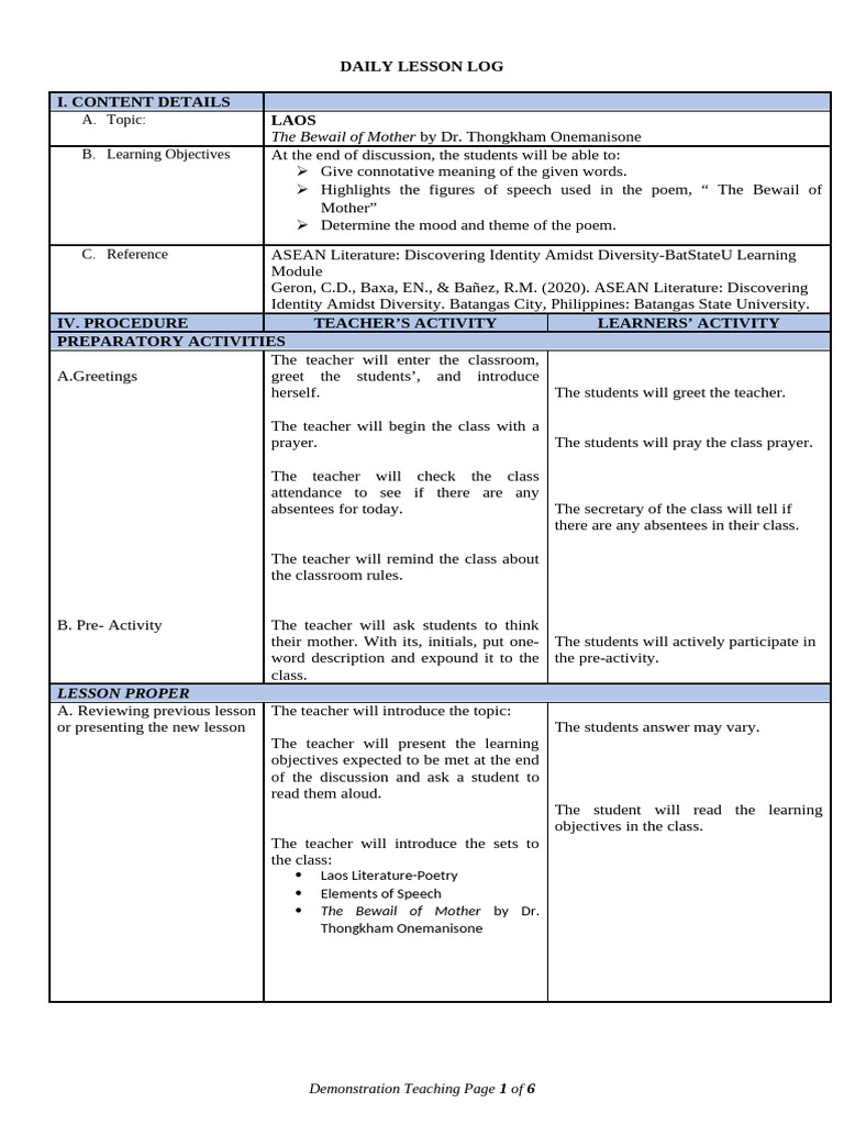 The Bewail of Mother: A Lesson Plan | PDF | Poetry | Teachers