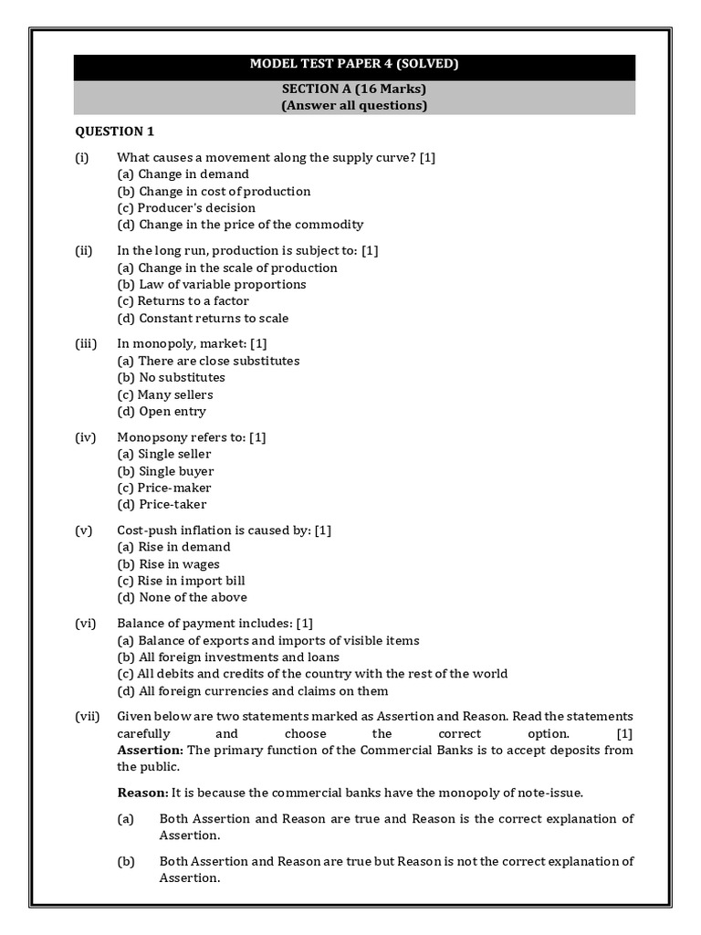 Economics Model Test Paper 4 Solutions | PDF | Demand | Taxes